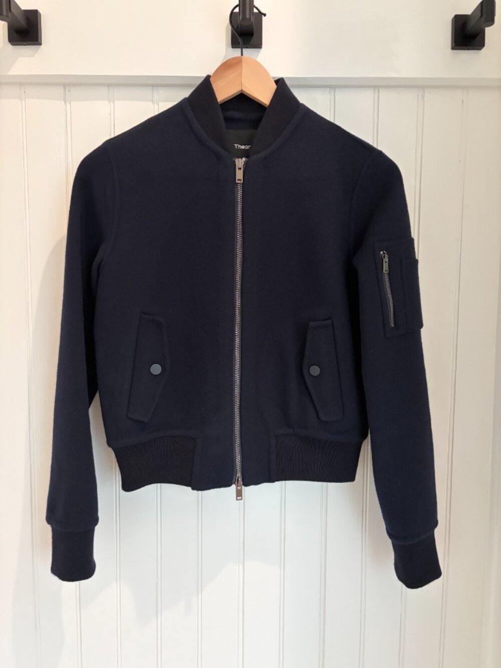 Theory Wool Cashmere Bomber Jacket Double-Face Navy Size 0 Like New